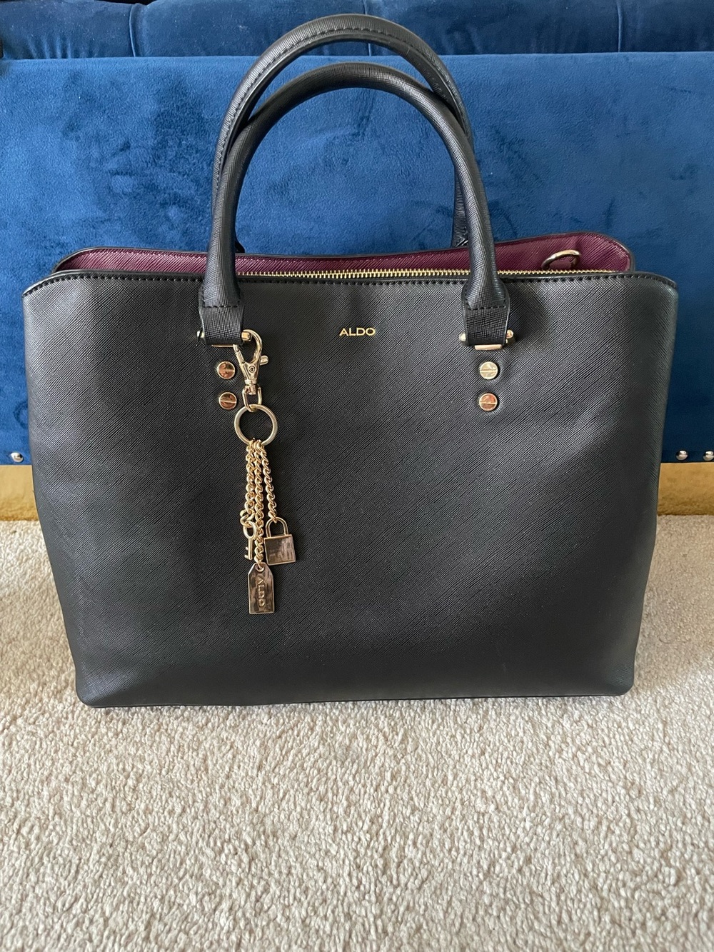 ALDO Black Tote with Gold Charms and Burgundy Trim